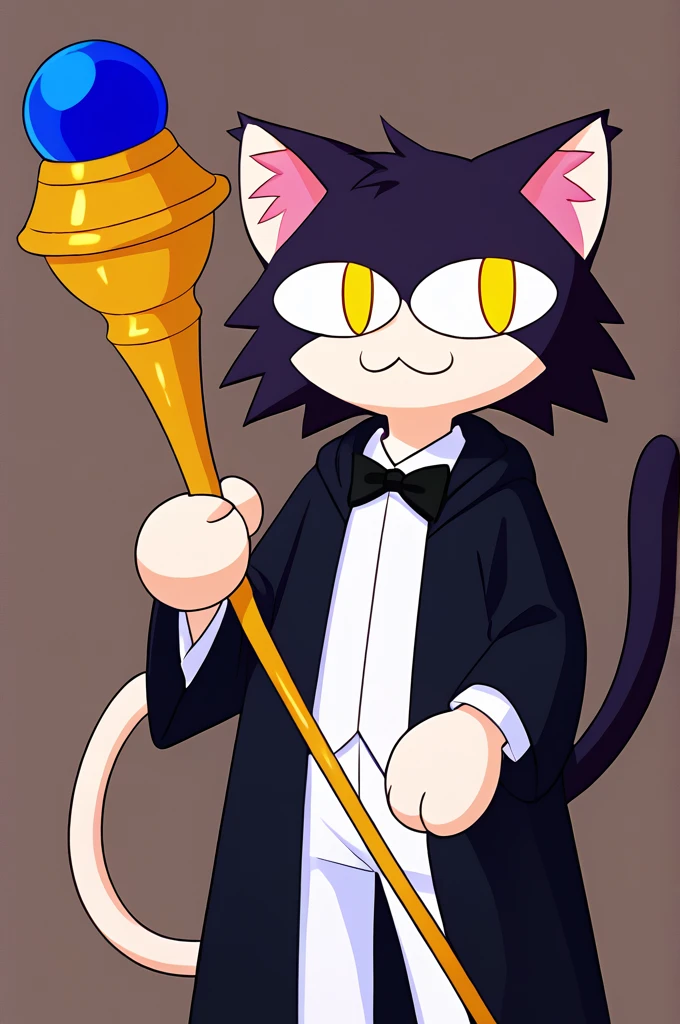 Solo A Japanese girl with yellow eyes and black hair, wearing a dark Purple hooded cloak and holding a staff.solo female ,furry ,tuxedo cat