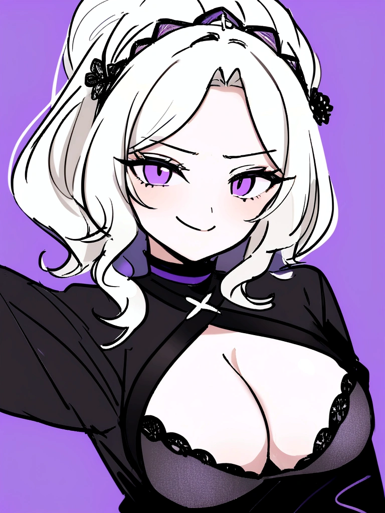 work of art,best qualityer,high qualiy, best qualityer, 4K,8K,up close,1 girl,standing alone,cross bangs, purples eyes, chapéu de Mushroon roxo, Mushroon, black sweatshirt,light monochromatic,coal,purple outline,(maximum quality)
light white hair.smug face(breasts big), water colour
