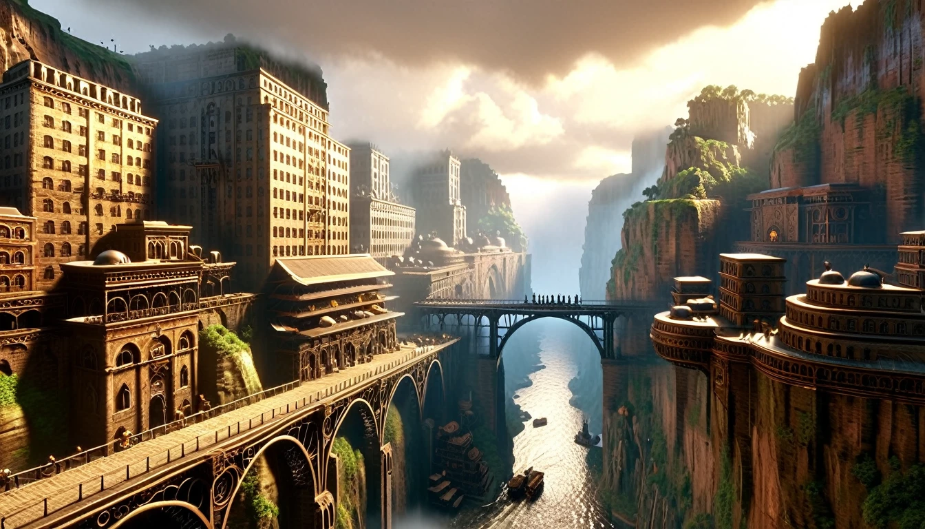 ((masterpiece)),((best quality)),((high detial)),((realistic,))
Industrial age city, deep canyons in the middle, architectural streets, bazaars, Bridges, rainy days, steampunk, European architecture