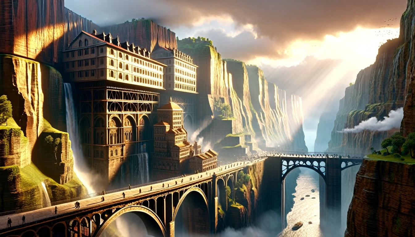 ((masterpiece)),((best quality)),((high detial)),((realistic,))
Industrial age city, deep canyons in the middle, architectural streets, bazaars, Bridges, rainy days, steampunk, European architecture