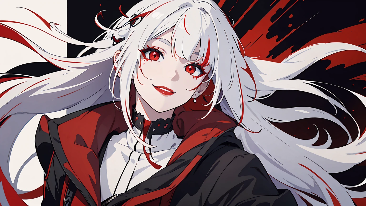 solo, white hair, multicolored hair, colored tip, red colored tips, white hair highlights, red eyes, long hair, parted bangs, portrait, smiling, established shot, eyeliner, dark red eyeliner, red lips, emo goth aesthetic