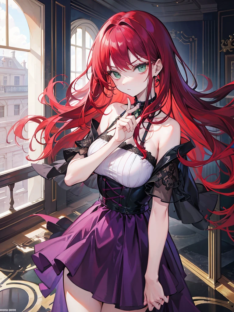 woman, green eyes, long red hair, bangs. she hair wavy. wear purple black dress, arrogant, independent woman, thug. bad girl. intimidating women. background in luxury mansion. without expression