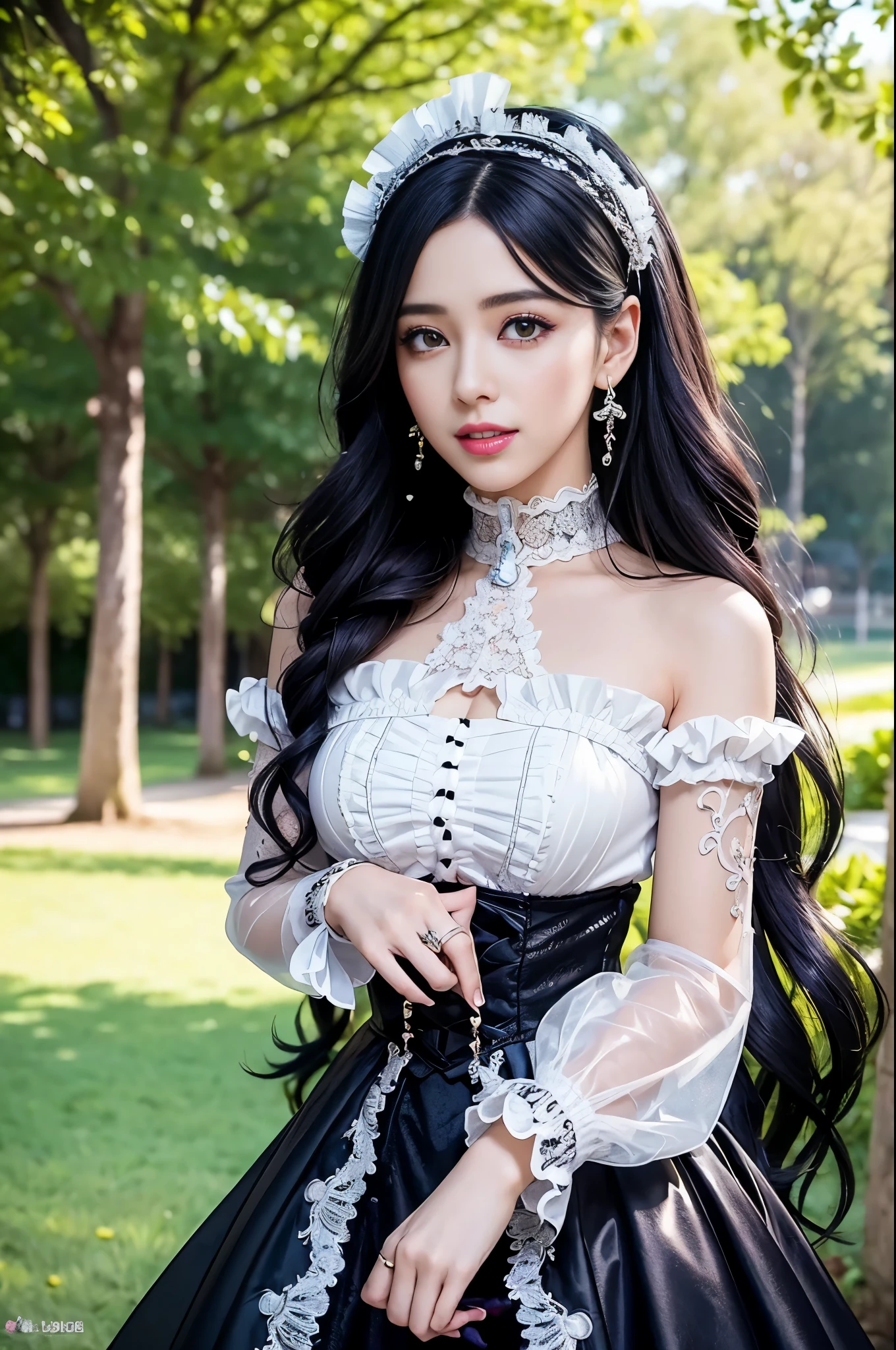 sexy stylish Spanish model, only 1 female, ((doll-like appearance)), ((very detailed Victorian-Style boots)), (happy smile), very detailed eyes, vivid eye makeup, lipgloss, long lashes, defined eyebrows, ((sexy Paradise Kiss cosplay)), bell-shaped skirt, petticoats, high neckline, puffed sleeves, ((very detailed lace)), ((very detailed embroidery)), intricate details, Paradise Kiss accessoires and matching headpiece, Paradise Kiss choker, ((large sparkling Paradise Kiss jewelry)), cinematic light, detailed large park background with trees