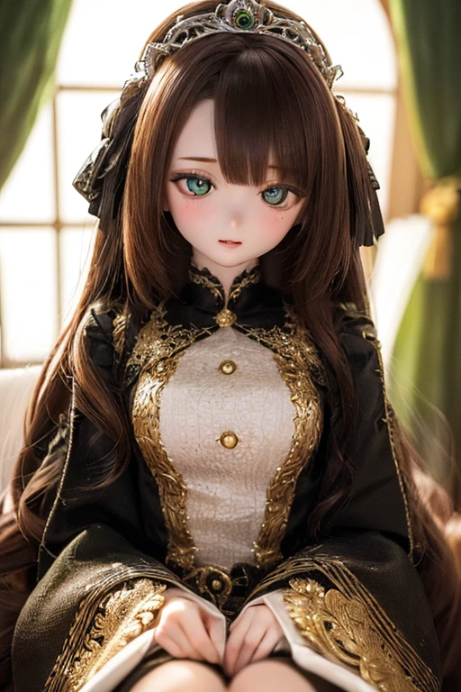 photorealistic, realistic photo, ((highest quality)), ((masterpiece)), detailed, kukolnydom, doll, (mature woman, 20yo, 20 years old:1.6), solo, sitting on throne, green eyes, brown hair, wavy hair, (light smile, parted lips, looking down, blank eyes, empty eyes, detailed eyes, detailed face:1.3), princess dress, tiara, castle, 8k