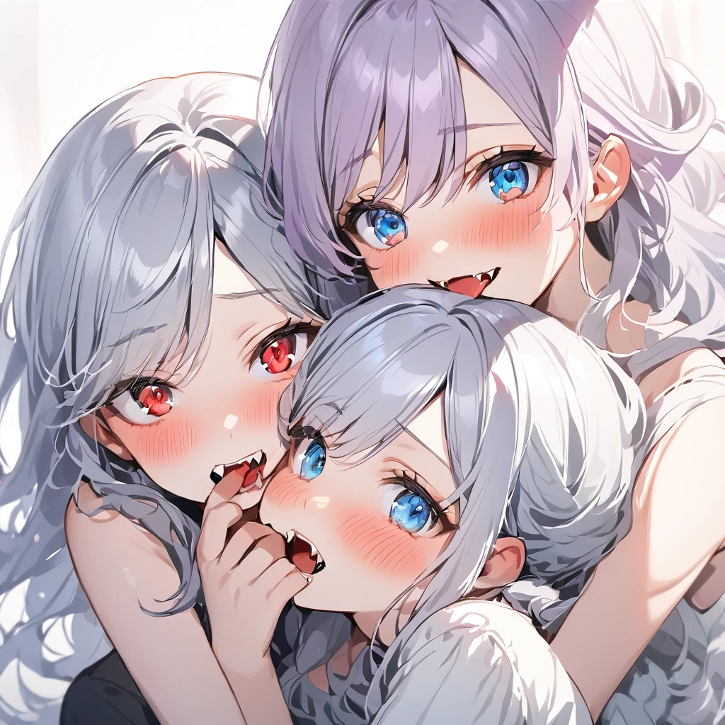 (Cute two girls:1.5),
(masterpiece:1.3), anime visual, (tilt head:1.3), extremely delicate face, realistic lighting and shading, (an extremely delicate and beautiful art:1.3), (muted colors:1.1),BREAK,(one girl with pale-purple wavy blunt hair and red eyes,fangs, one girl is hugging the other girl from behind,one girl kisses her nape:1.5), (other girl with pale-silver hair and blue eyes, the other girl is openhog her mouth and looks at viewer,blush,:1.5),