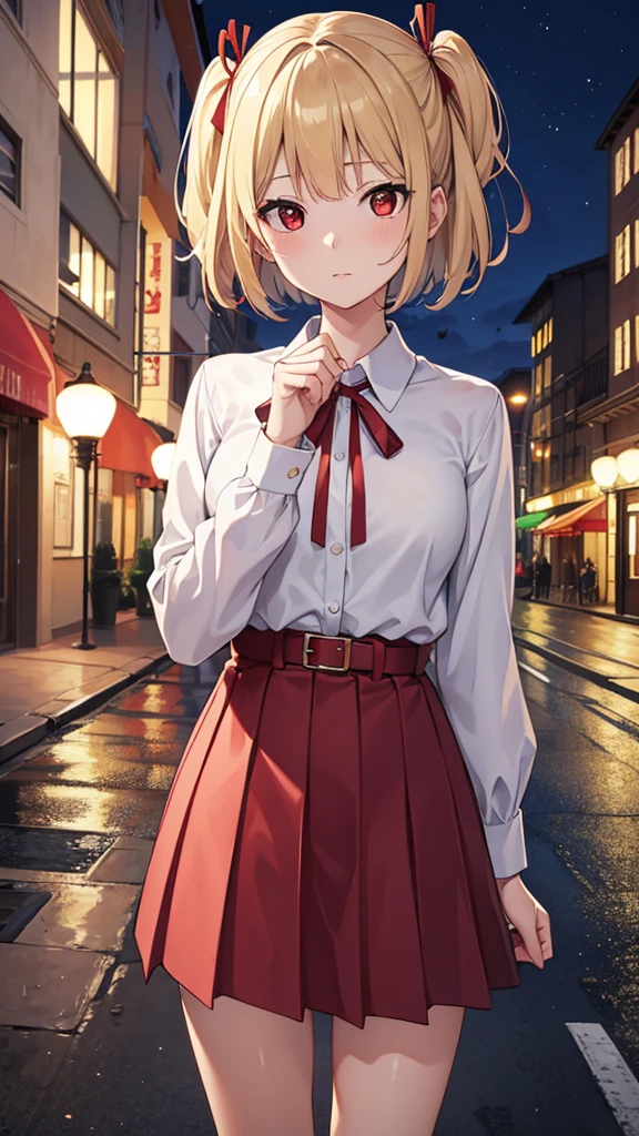chisatonishikigi, nishikigi chisato, short hair, bangs, blonde hair, (red eyes:1.5), hair ribbon, one side up, bob cut,
BREAK shirt, long sleeves, dress, ribbon, white shirt, collared shirt, belt, neck ribbon, red dress, blue ribbon, pleated dress, grey dress, two-tone dress, red belt, lycoris uniform,,
BREAK outdoors,BREAK looking at viewer, BREAK (masterpiece:1.2), best quality, high resolution, unity 8k wallpaper, (illustration:0.8), (beautiful detailed eyes:1.6), extremely detailed face, perfect lighting, extremely detailed CG, (perfect hands, perfect anatomy),city, night, wet road, reflections.