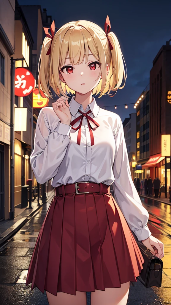 chisatonishikigi, nishikigi chisato, short hair, bangs, blonde hair, (red eyes:1.5), hair ribbon, one side up, bob cut,
BREAK shirt, long sleeves, dress, ribbon, white shirt, collared shirt, belt, neck ribbon, red dress, blue ribbon, pleated dress, grey dress, two-tone dress, red belt, lycoris uniform,,
BREAK outdoors,BREAK looking at viewer, BREAK (masterpiece:1.2), best quality, high resolution, unity 8k wallpaper, (illustration:0.8), (beautiful detailed eyes:1.6), extremely detailed face, perfect lighting, extremely detailed CG, (perfect hands, perfect anatomy),city, night, wet road, reflections.