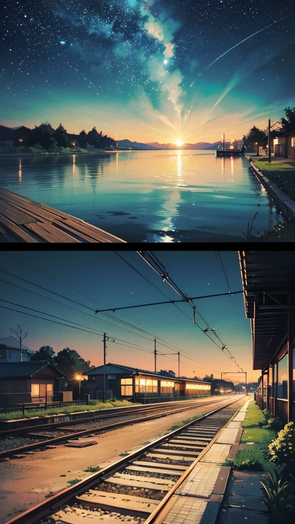 Cartoon train passing through body of water on rails, bright starry sky. romantic train, Picture of Makoto Shinkai, pure, concept art, Lofi Art style, reflection.,Shinkai Makoto animation art style, Lofi Art, beautiful anime scene, anime scenery, detailed scenic view, Xin Haicheng's style, Xin Haicheng's style, Enhance details