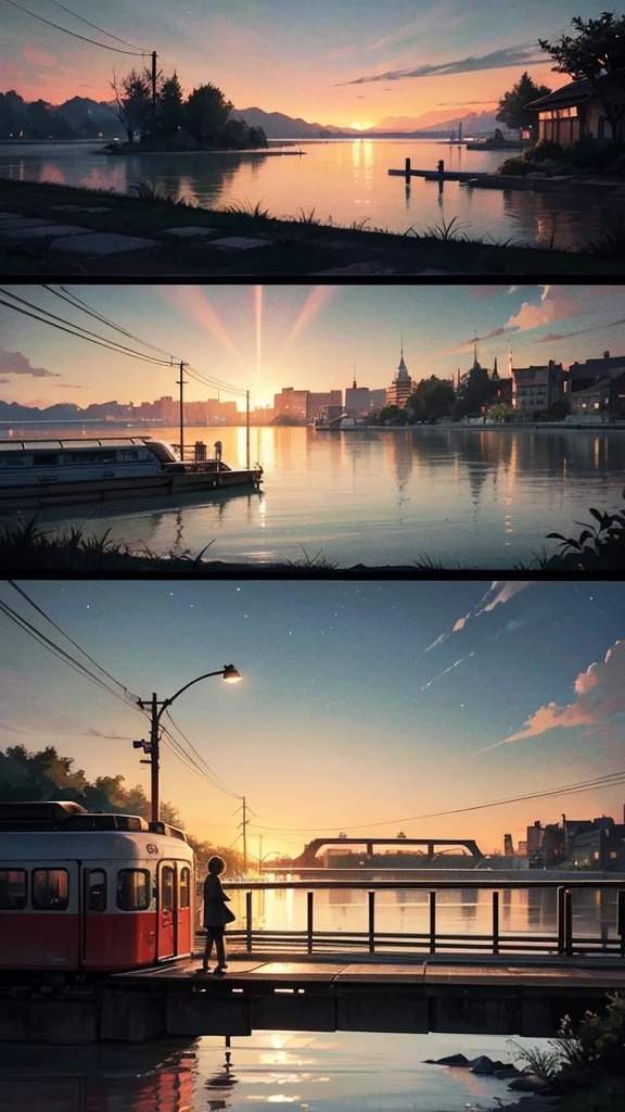 Cartoon train passing through body of water on rails, bright starry sky. romantic train, Picture of Makoto Shinkai, pure, concept art, Lofi Art style, reflection.，Shinkai Makoto animation art style, Lofi Art, beautiful anime scene, anime scenery, detailed scenic view, Xin Haicheng&#39;s style, Xin Haicheng&#39;s style, Enhance details