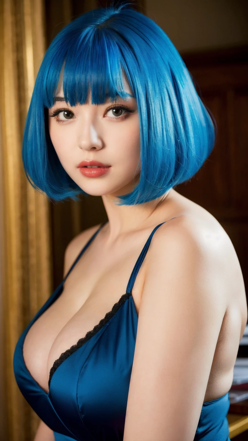 1 woman, blue hair, black dress, sexy, large breasts, parted lips