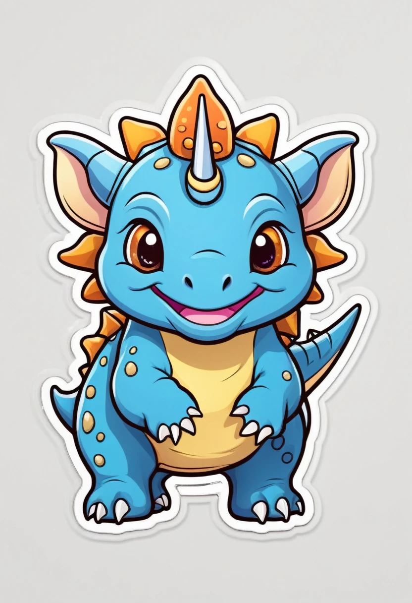 sticker, happy colored Triceratops horridus, kawaii, outline, vector, white background