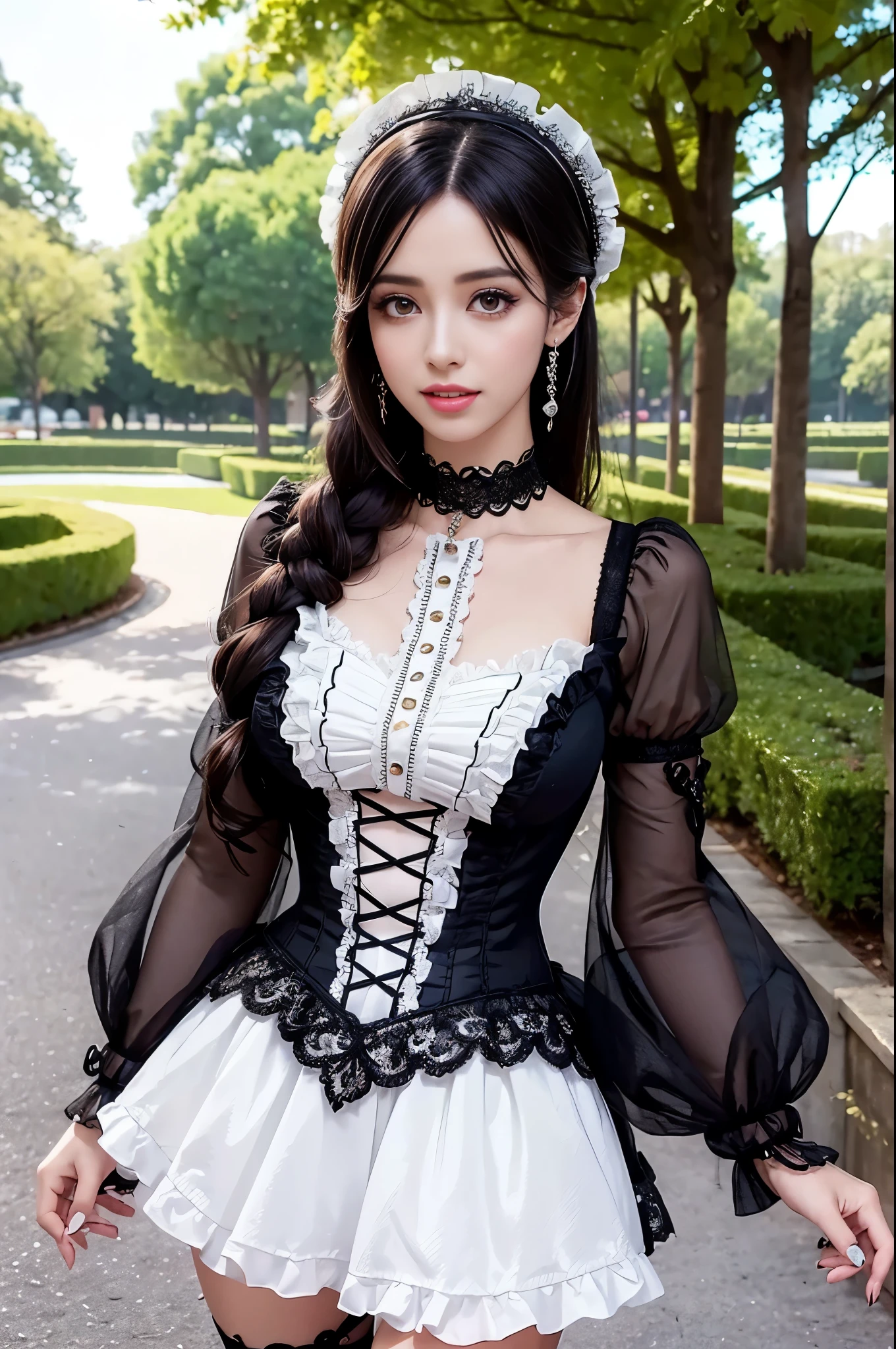 sexy stylish Spanish model, only 1 female, ((doll-like appearance)), ((very detailed Victorian-Style boots)), (happy smile), very detailed eyes, vivid eye makeup, lipgloss, long lashes, defined eyebrows, ((sexy Paradise Kiss cosplay)), bell-shaped skirt, petticoats, high neckline, puffed sleeves, ((very detailed lace)), ((very detailed embroidery)), intricate details, Paradise Kiss accessoires and matching headpiece, Paradise Kiss choker, ((large sparkling Paradise Kiss jewelry)), cinematic light, detailed large park background with trees