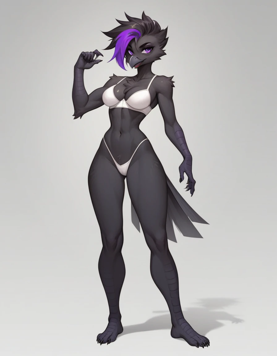 Score_9, score_8_up, score_7_up, flat colors, an Anthro avian crow girl, female, small grey beak, tall, small crow tail, black body, standing, white background, purple eyes, short black emo hair, purple highlights in hair, hands with five fingers, wearing white bra, white thong, full body shot, barefoot, bird leg texture, bird arm texture, 5 toes, toe claws