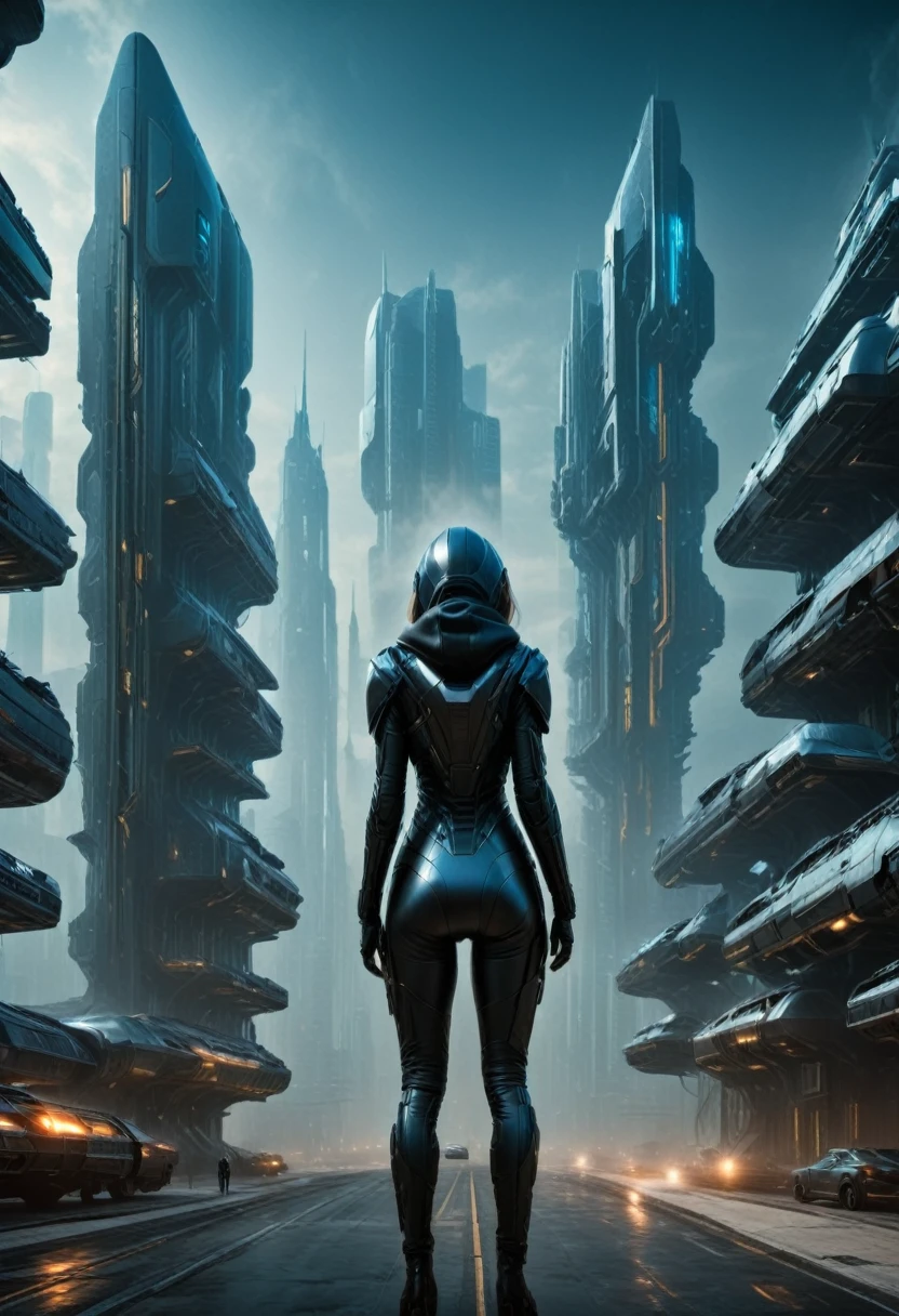 image taken from behind the shoulder of a woman from behind and DRESSED WITH A HOOD from the balcony of a futuristic building with, She is looking at an aerial view of an ultrafuturistic North American megalopolis, view of the whole city with many metallic buildings and houses in dark colors, from dark blue to black, the city has shades of metal gray, has smoky metal structures , industrial environment with smoke and fog around, dark cars on the streets, desert megalopolis, Modern metal rails and trains passing through the city streets, tall futuristic metal buildings, many ultramodern buildings around, , as realistic as possible, as detailed as possible, Science fiction
