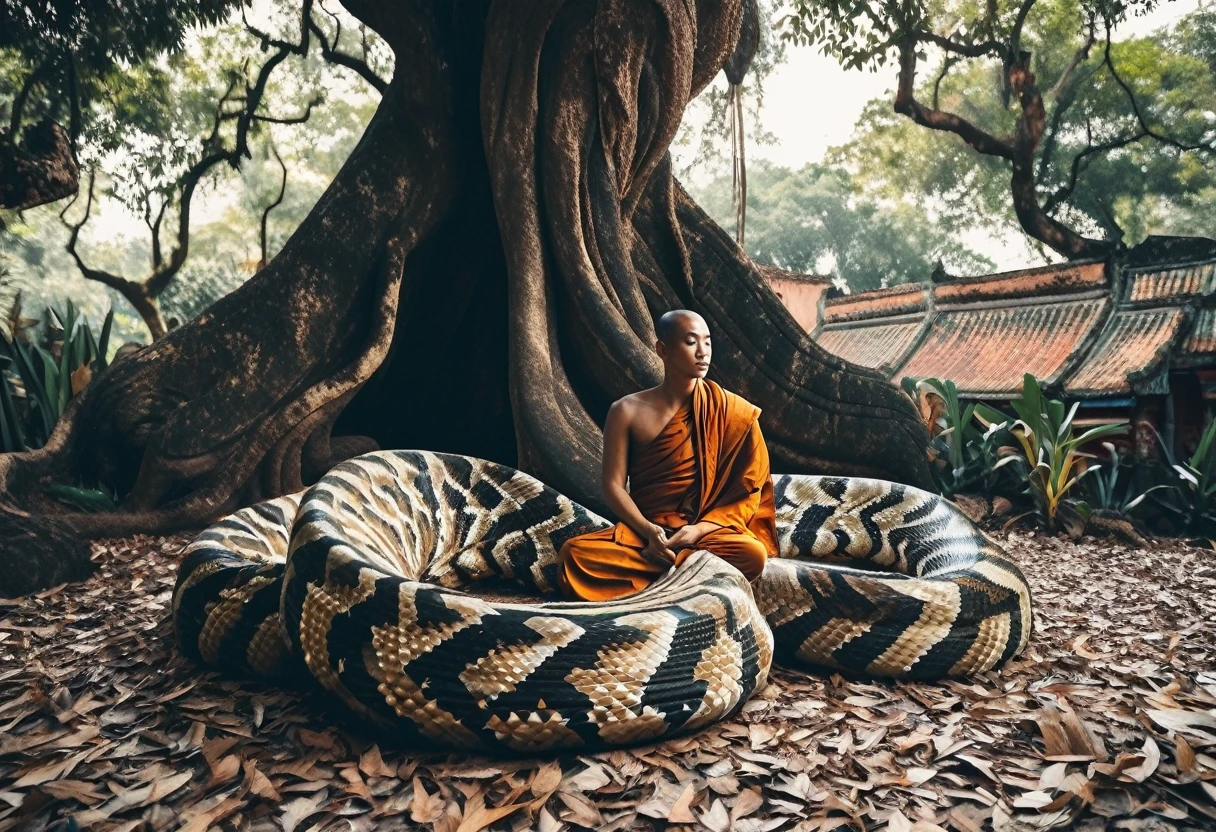 "Create a realistic, highly detailed, vintage-style image from the 1960s. The scene features a Thai monk old cloth meditating under a large tree. A giant snake resembling a Naga is coiled nearby. The image should be in an old color style, emphasizing realistic details and evoking a sense of authenticity from the 1960s."