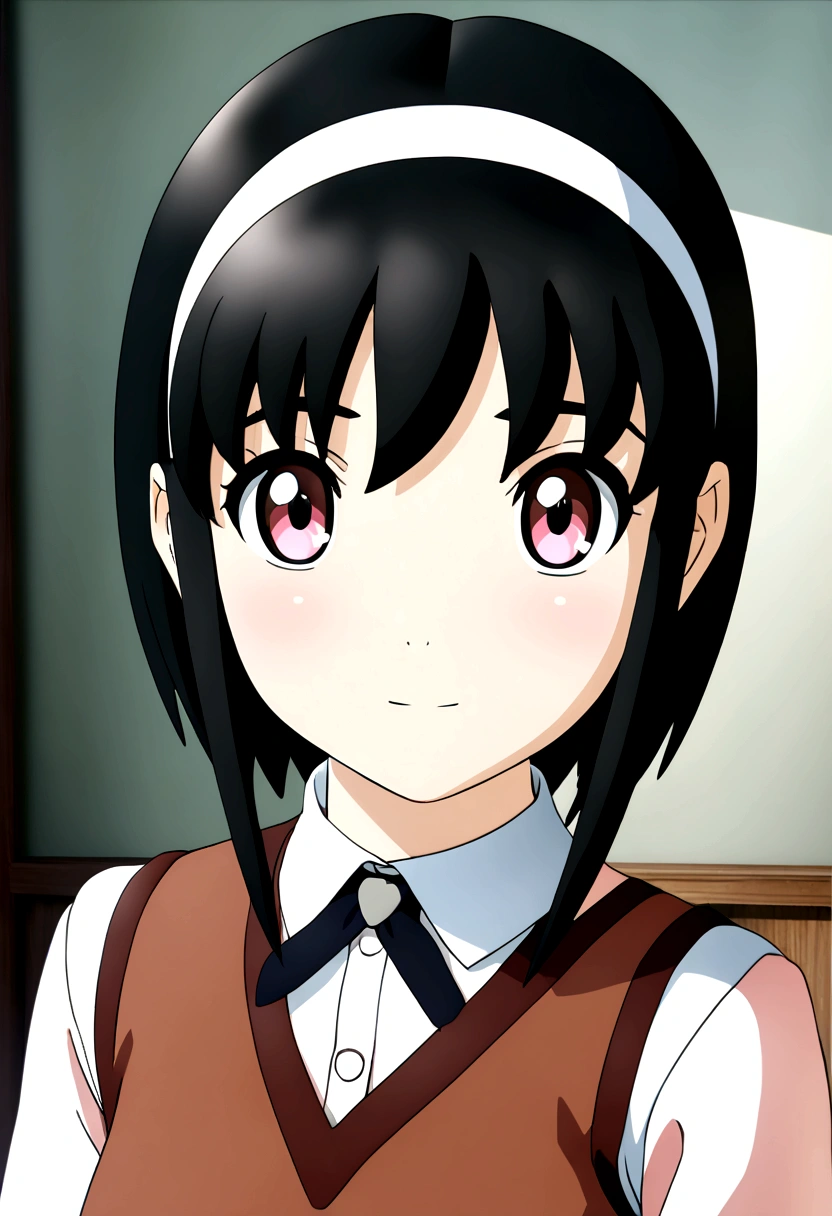 anime girl with black red hair and eyes wearing a vest, render of april, shizuka,hot,sayori, close up iwakura lain, 8k portrait render, render of a cute 3d anime girl, photorealistic anime girl render, smooth anime cg art, close up of a young anime girl, anime visual of a cute girl, rin, anime moe artstyle