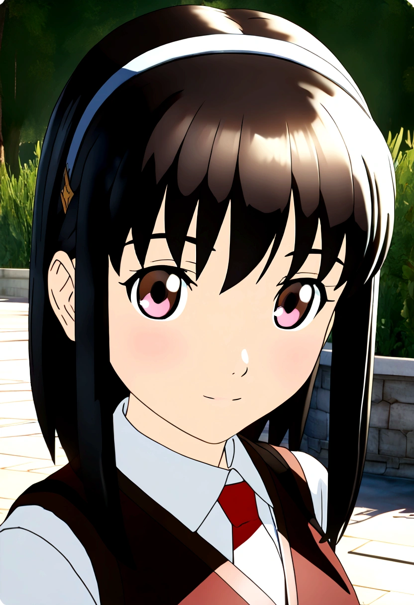 anime girl with black red hair and eyes wearing a vest, render of april, shizuka,hot,sayori, close up iwakura lain, 8k portrait render, render of a cute 3d anime girl, photorealistic anime girl render, smooth anime cg art, close up of a young anime girl, anime visual of a cute girl, rin, anime moe artstyle