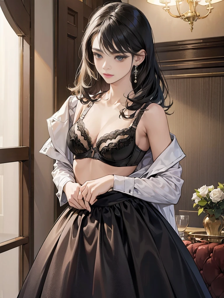 (show bra:1.8),(Neat women in formal wear in the hotel lobby.:1.3) They are wearing pearl necklaces and earrings. They carry small black bags.beautiful eyes.One female voice is wearing a party dress revealing her shoulders.Beautiful face. Very realistic photographs.Small but beautiful breast shape. A little cleavage is visible.There are a lot of people around.Dresses in different colours and shapes.,asian girl