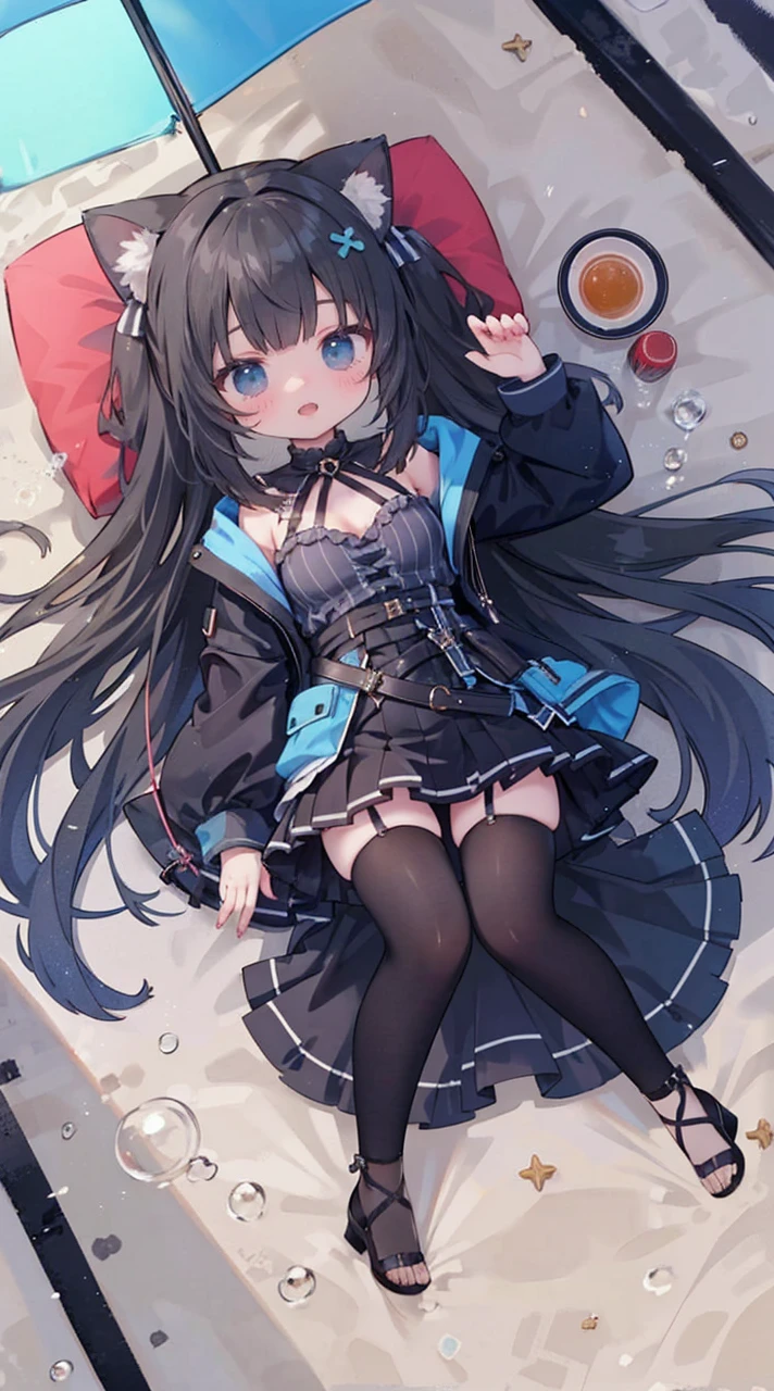 a girl,mini skirt,strappy heels,On the beach,Full body portrait,Hair,Has cat ears,Vision,Full body portrait,high quality,8k wallpaper,she blushes,Open your mouth,Wearing strappy heels