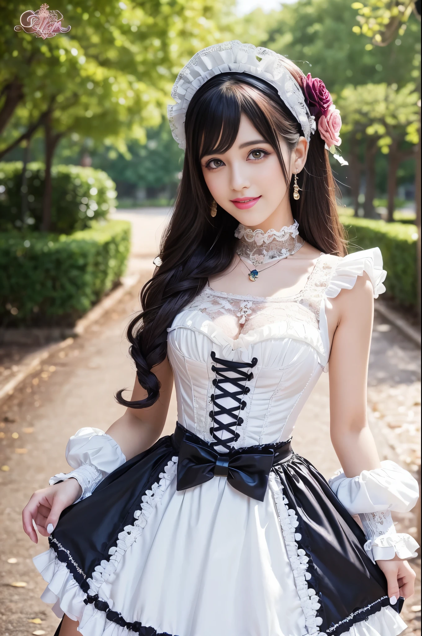 sexy stylish Spanish model, only 1 female, ((doll-like appearance)), ((very detailed Victorian-Style boots)), (happy smile), very detailed eyes, vivid eye makeup, lipgloss, long lashes, defined eyebrows, ((sexy Paradise Kiss cosplay)), bell-shaped skirt, petticoats, high neckline, puffed sleeves, ((very detailed lace)), ((very detailed embroidery)), intricate details, Paradise Kiss accessoires and matching headpiece, Paradise Kiss choker, ((large sparkling Paradise Kiss jewelry)), cinematic light, detailed large park background with trees
