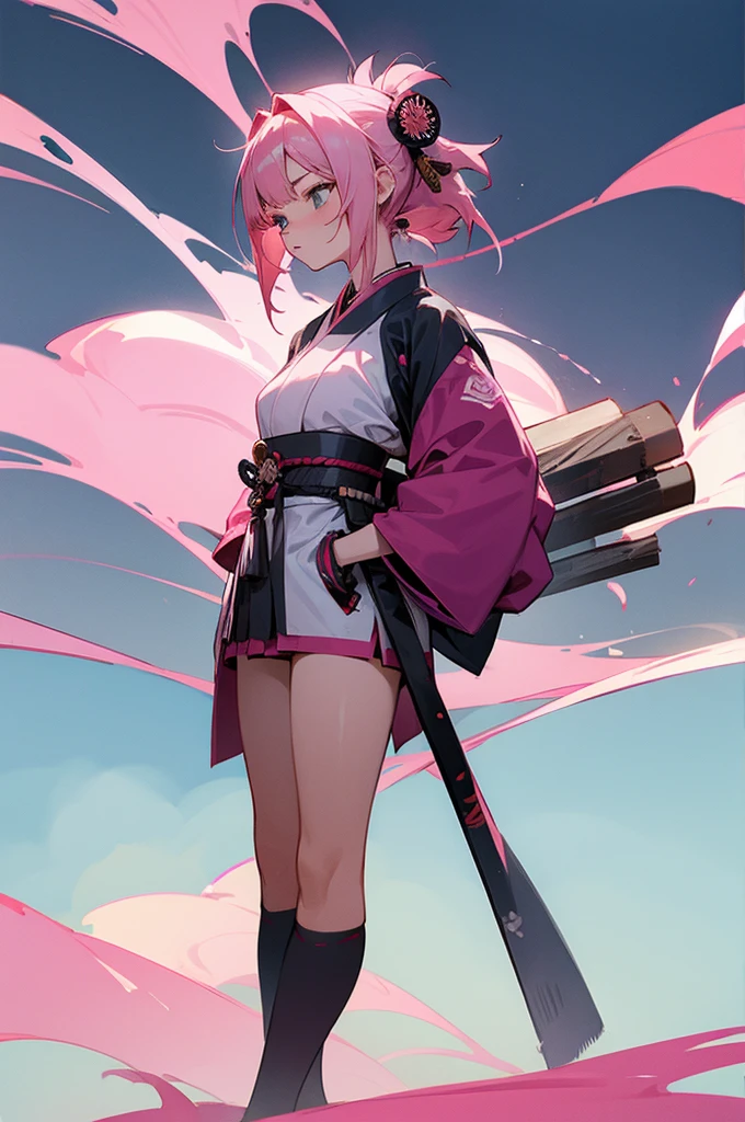 Teen , Female, samurai Clothing, Standing pose, Town background, Pink hair