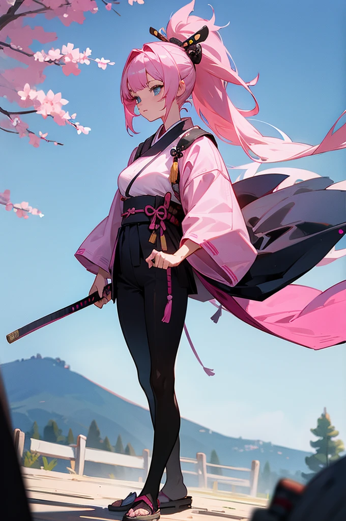 Teen , Female, samurai Clothing, Standing pose, Town background, Pink hair