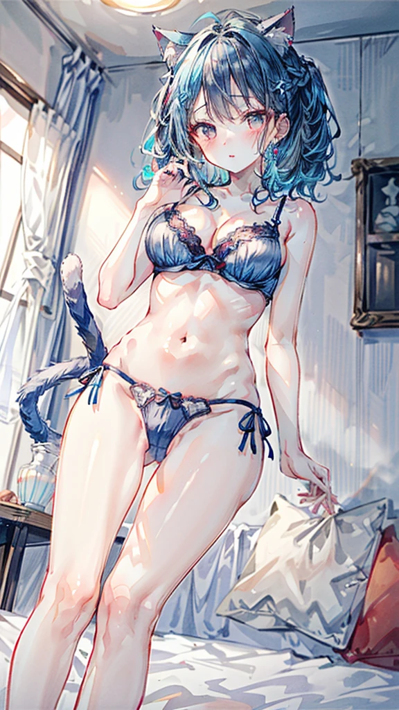 (Best quality, 8k, 32k, Masterpiece, UHD,:1.2),RAW, 1girl,ultra cute , natural lighting,transparent shining eyes, 20yo ,fair complexion, long hair, french braid, flushed face,femur, pale blue hair, cat ear, medium hair, side braid, ((pale blue bra and panties:1.3)), all fours, From Below, medium breast, Emphasizing the Cleavage, seductive, sexy, lace trim, lace Details, nude, naked, on bed, shiny, wedgie, heart mark, ((cat tail))