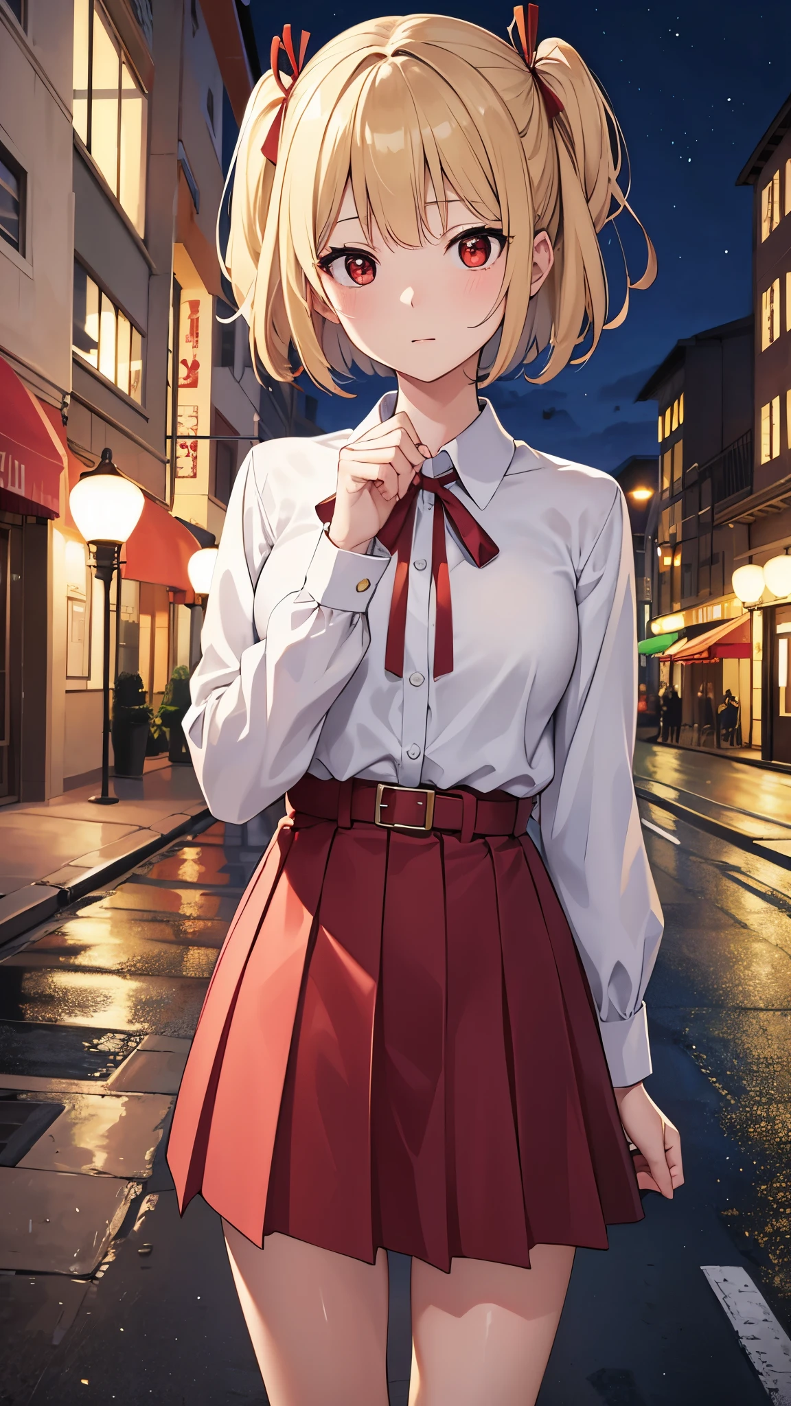chisatonishikigi, nishikigi chisato, short hair, bangs, blonde hair, (red eyes:1.5), hair ribbon, one side up, bob cut,
BREAK shirt, long sleeves, dress, ribbon, white shirt, collared shirt, belt, neck ribbon, red dress, blue ribbon, pleated dress, grey dress, two-tone dress, red belt, lycoris uniform,,
BREAK outdoors,BREAK looking at viewer, BREAK (masterpiece:1.2), best quality, high resolution, unity 8k wallpaper, (illustration:0.8), (beautiful detailed eyes:1.6), extremely detailed face, perfect lighting, extremely detailed CG, (perfect hands, perfect anatomy),city, night, wet road, reflections.