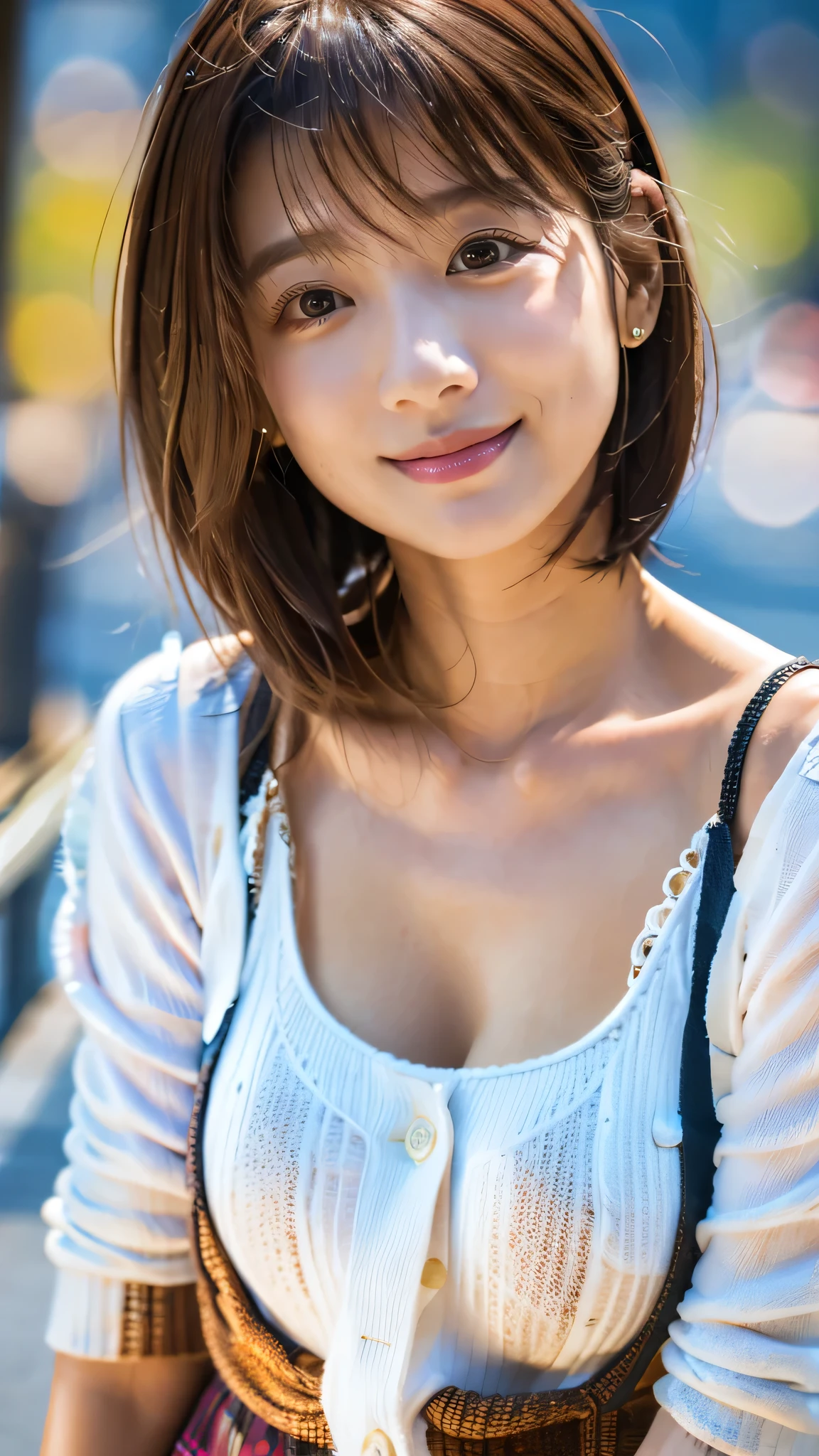 Highest quality, Realistic, Very detailed, finely, High resolution, 8k wallpaper, Professional, High level of detail, ((18-year-old girl:1.2)), Slender Japanese women,Pretty lips, (Beautiful long eyelashes:1.2)、Collarbone Detail, Perfect Face, (cute short bob hair:1.5),Highest quality,Ultra-clear resolution,Clear Eyes,White skin,Perfect big breasts,have perfect legs,(Cityscape:1.5)、(A serious expression and a kind smile:1.5)、