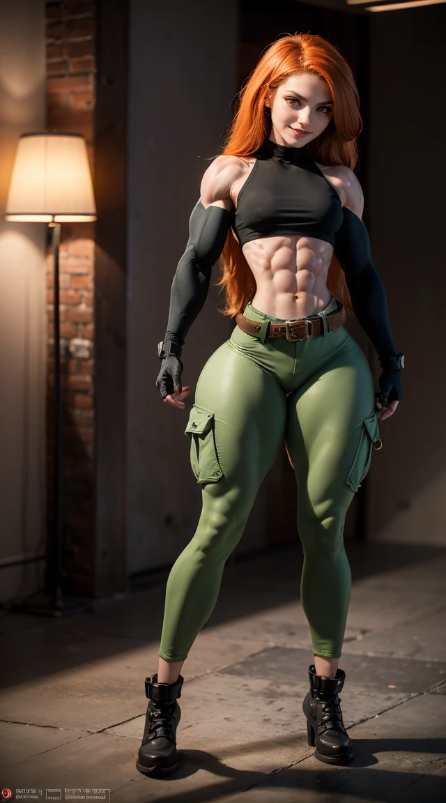 (Muscular:1.9), (thick thighs:1.9),
(long hair:1.3) orange-red hair, green eyes, confident expression, pale skin,
eyeshadow,
detailed eyes, (cheeky smirk:1.6), detailed skin,
small breasts, hard nipples,
(black crop top, black gloves, brown belt, long sleeves:1.2), (green cargo pants:1.4),
(upper body view:1.7), looking at viewer, (three quarter view:1.3),
(high tech room), rim lighting, two tone lighting, dimly lit, bokeh