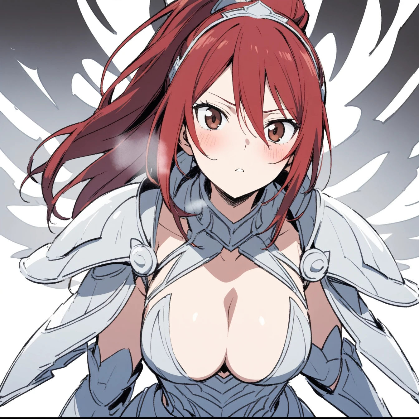 1 Girl,Erza Scarlet，FAIRY TAIL，Solitary, Viewers, Pure white background，blush, Brown eyes,breathe, avatar，Half Body，Comic style without color，angle, masterpiece, best quality，armor，Cleavage，Heavenly Wheel Armor Costume，Black, white and gray，Hair, eyes and skin have color