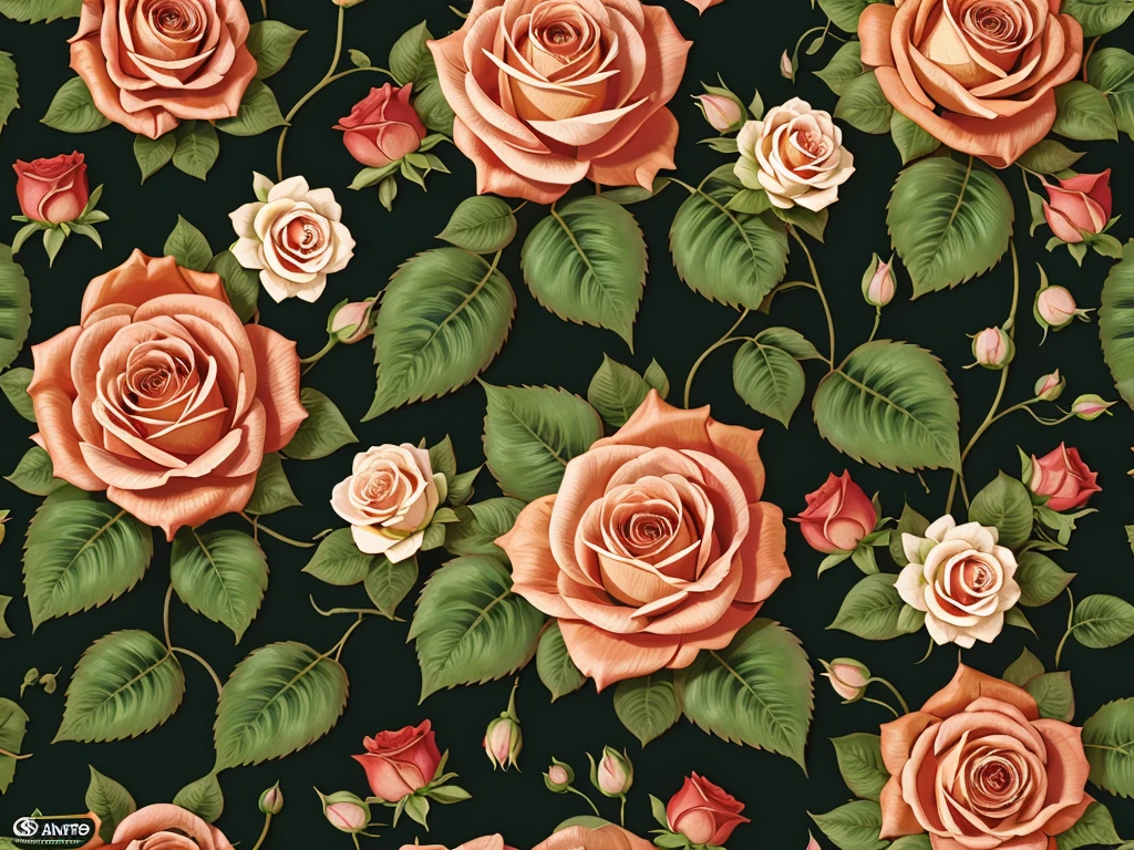 seamless floral pattern, roses, high quality, intricate detail, vibrant colors, lush composition, elegant, beautiful, delicate petals, realistic rendering, photorealistic, 8k, 3d, studio lighting, glossy, seamless tiling, ornate, botanical, nature inspired, exquisite, masterpiece