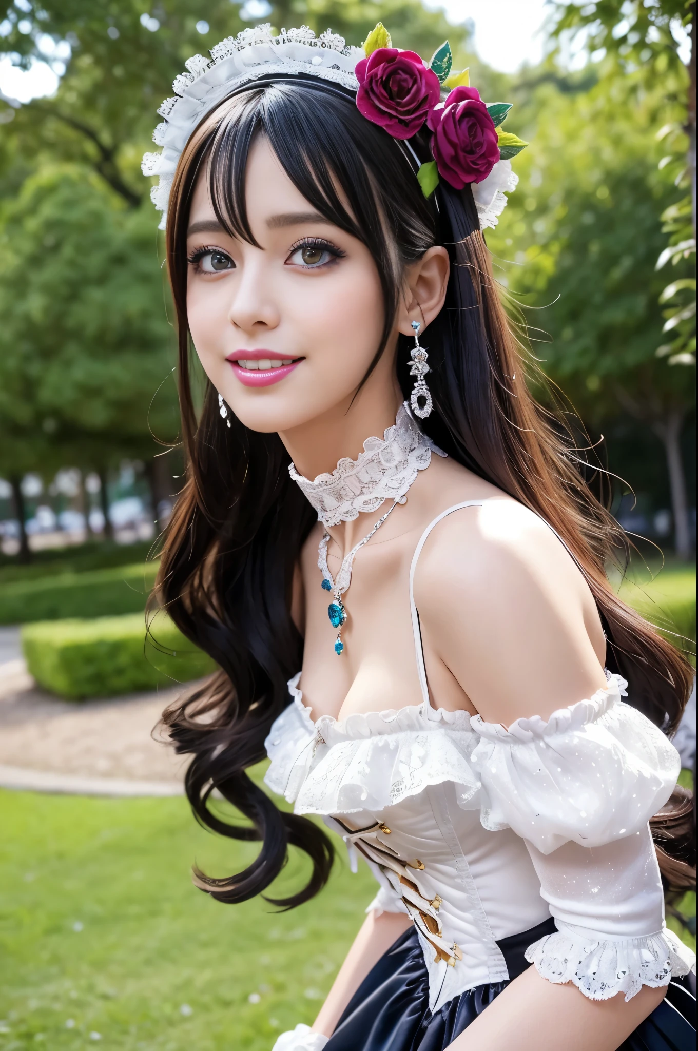 sexy stylish Spanish model, only 1 female, ((doll-like appearance)), ((very detailed Victorian-Style boots)), (happy smile), very detailed eyes, vivid eye makeup, lipgloss, long lashes, defined eyebrows, ((sexy Paradise Kiss cosplay)), bell-shaped skirt, petticoats, high neckline, puffed sleeves, ((very detailed lace)), ((very detailed embroidery)), intricate details, Paradise Kiss accessoires and matching headpiece, Paradise Kiss choker, ((large sparkling Paradise Kiss jewelry)), cinematic light, detailed large park background with trees