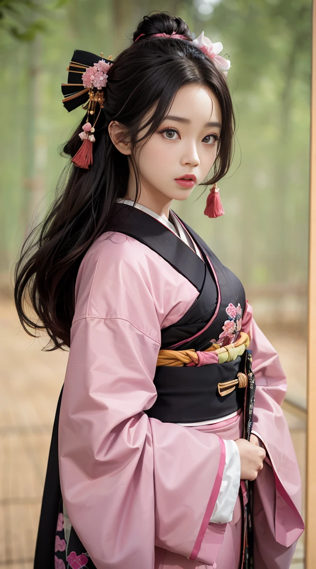 masterpiece, best quality, high resolution, Venus1, 1 woman, alone, Tsuko Kamato, ((Gag)), hair (brown), checkered belt, Gag, Gag, Gradient hair, hair ribbon, haori, japanese clothing, ((Black Kimono:1.2)), very short kimono, big , Long hair, big breast, looking at the audience, Multicolored hair, pink eyes, very short pink kimono, black outerwear, Pink ribbon, ribbon, alone, (((masterpiece)), forehead, Standing and posing, bamboo background, The way his cheeks swell is cute., tempting, open one's eyes wide, slim waist, sexy pose, slim tight,