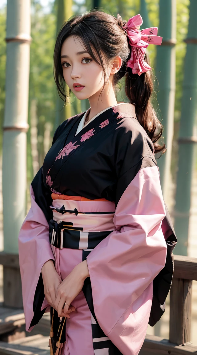 masterpiece, best quality, high resolution, Venus1, 1 woman, alone, Tsuko Kamato, ((Gag)), hair (brown), checkered belt, Gag, Gag, Gradient hair, hair ribbon, haori, japanese clothing, ((Black Kimono:1.2)), very short kimono, big , Long hair, big breast, looking at the audience, Multicolored hair, pink eyes, very short pink kimono, black outerwear, Pink ribbon, ribbon, alone, (((masterpiece)), forehead, Standing and posing, bamboo background, The way his cheeks swell is cute., tempting, open one's eyes wide, slim waist, sexy pose, slim tight,