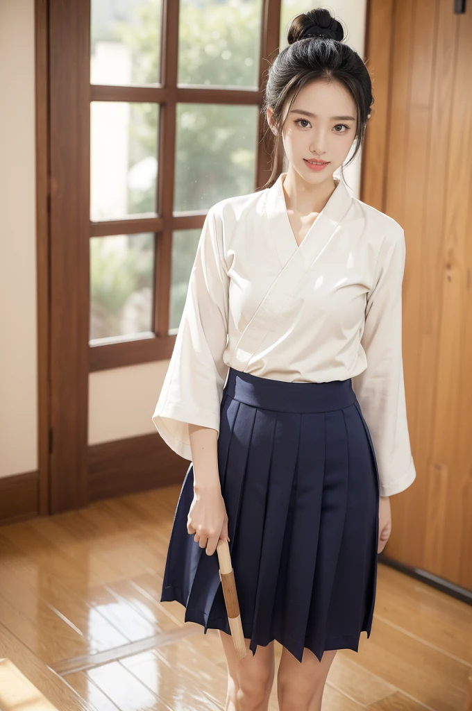 (((best quality))),(((ultra detailed))),(((masterpiece))),illustration,1girl,solo,short ponytail,slim,thin,small breasts,flat chest,white collar,white kendogi,three-quarter sleeves,maxi navy-blue kendo hakama,slender legs,standing in kendo gym,(holding a bokuto:1.3),arms behind back,focused and determined expression,ready for challenge,slender and elegant face,confident and resilient,fair skin,blush,neat teeth,bright smile,clean and tidy uniform,wooden gym floor,wall,pine scent,standard grip,ready to slice through obstacles,strong belief,determination,spirit of resilience,admiring,from front,full body,bare feet