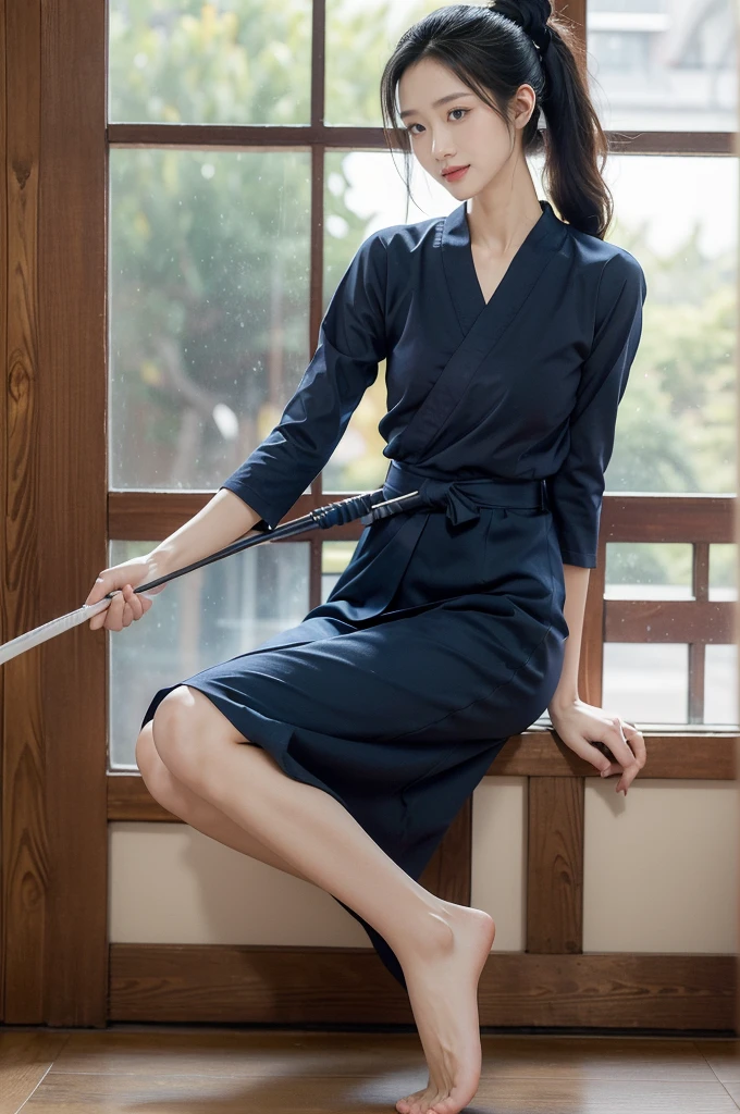 (((best quality))),(((ultra detailed))),(((masterpiece))),illustration,1girl,solo,short ponytail,slim,thin,small breasts,flat chest,white collar,white kendogi,three-quarter sleeves,maxi navy-blue kendo hakama,slender legs,standing in kendo gym,(holding a bokuto:1.3),arms behind back,focused and determined expression,ready for challenge,slender and elegant face,confident and resilient,fair skin,blush,neat teeth,bright smile,clean and tidy uniform,wooden gym floor,wall,pine scent,standard grip,ready to slice through obstacles,strong belief,determination,spirit of resilience,admiring,from front,full body,bare feet