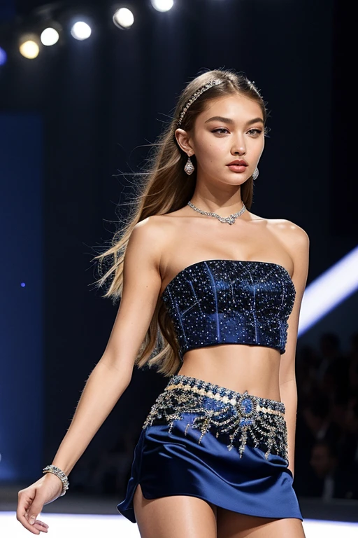 Midnight blue strapless top and mini skirt designed by Dior, has a lot of rhinestone to mimic the zodiac signs . Wore by Gigi Hadid with a unique and iconic design. One dress with lots of diamonds.