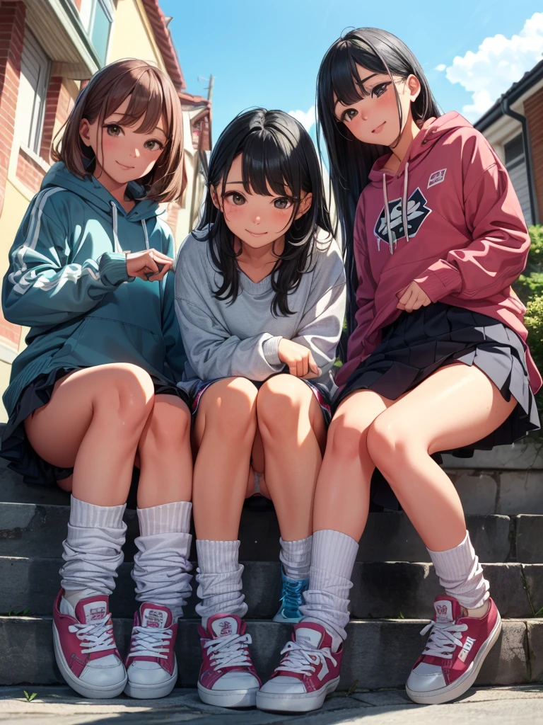 (8K, RAW Photos, Highest quality, masterpiece:1.2), Four happy girls were sitting on the stone steps, Take a full body photo、Laughing happily、She was wearing a short sweatshirt, Vans Sneakers, Red Check Skirt、White sneakers, Black Hair, detached houses, Flowers,Happy girl with round face, Big eyes, Long eyelashes, Full-body display、Small pubic area、Hairless、Detailed female genitalia、feetを広げて、From directly below、(((Spread the word_feet, Pussy, Split_ feet, from before, I can see your underwear)))