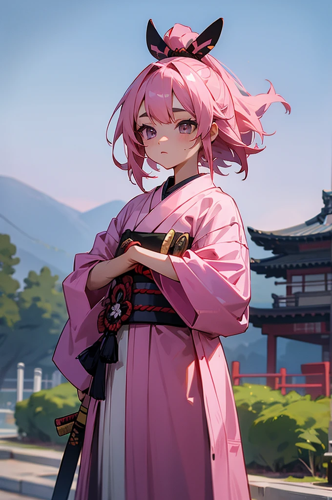 Teen , Female, samurai Clothing, Standing pose, Town background, Pink hair