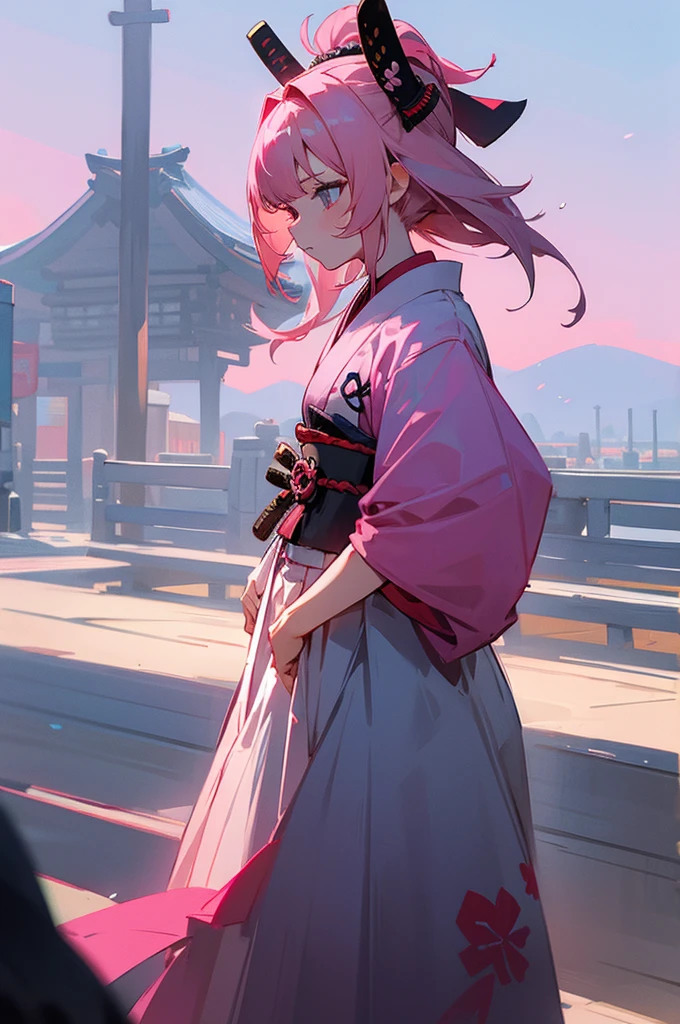 Teen , Female, samurai Clothing, Standing pose, Town background, Pink hair