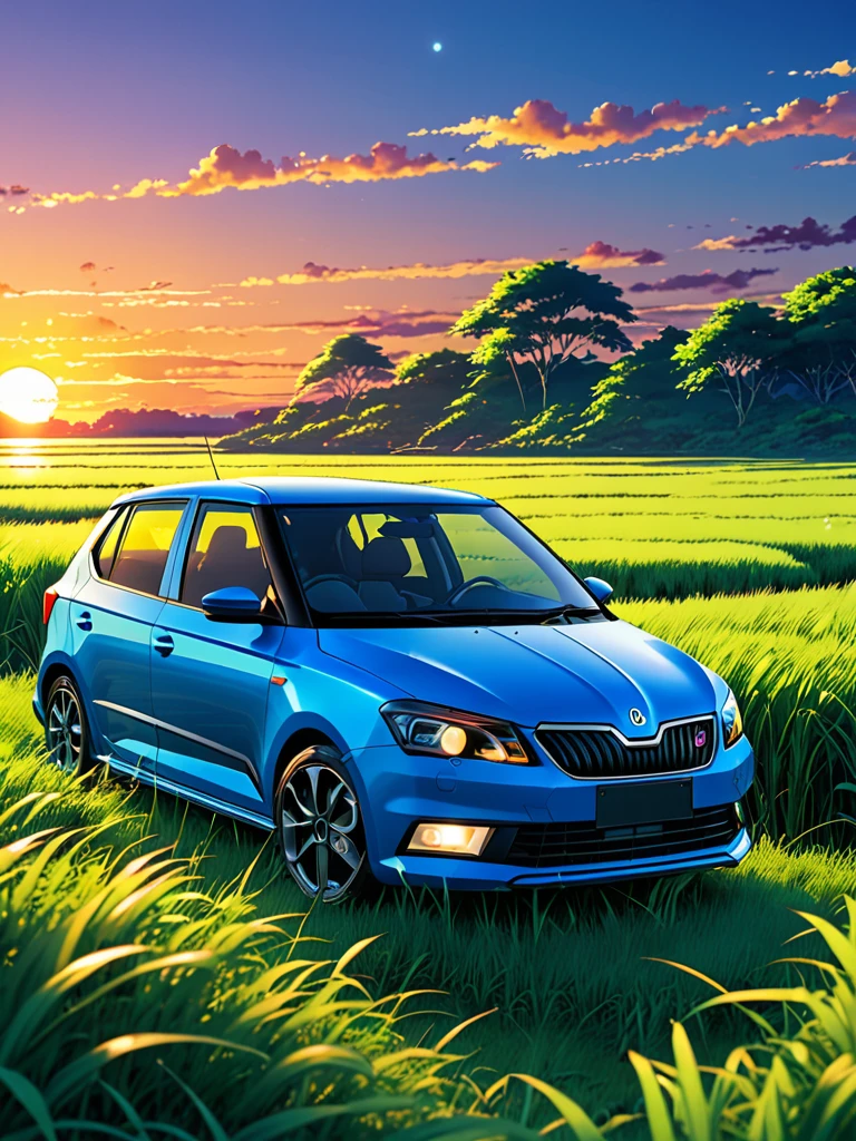 anime landscape of A pearl curacao blue classic Škoda Fabia R6 IV sits in a field of tall grass with a sunset in the background.beautiful anime scene, beautiful anime peace scene, Makoto Shinkai Cyril Rolando, beautiful anime scene, amazing wallpaper, anime art wallpaper 8k, anime background, artistic anime background, anime wallpaper 4k, anime art 4k wallpaper, anime wallpaper art 4k,
