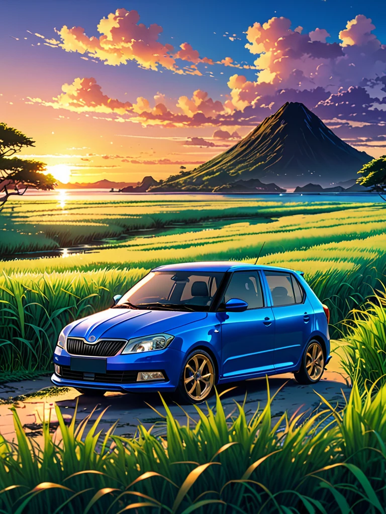 anime landscape of A pearl curacao blue classic Škoda Fabia R6 IV sits in a field of tall grass with a sunset in the background.beautiful anime scene, beautiful anime peace scene, Makoto Shinkai Cyril Rolando, beautiful anime scene, amazing wallpaper, anime art wallpaper 8k, anime background, artistic anime background, anime wallpaper 4k, anime art 4k wallpaper, anime wallpaper art 4k,