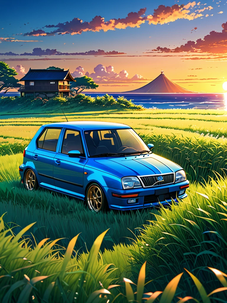 anime landscape of A pearl curacao blue classic Škoda Fabia R6 IV sits in a field of tall grass with a sunset in the background.beautiful anime scene, beautiful anime peace scene, Makoto Shinkai Cyril Rolando, beautiful anime scene, amazing wallpaper, anime art wallpaper 8k, anime background, artistic anime background, anime wallpaper 4k, anime art 4k wallpaper, anime wallpaper art 4k,