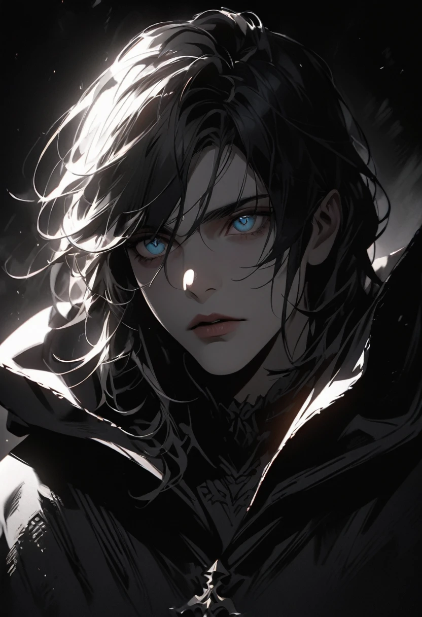 a man with short black hair with smoky gray tips, beautiful detailed eyes, beautiful detailed lips, extremely detailed face, black shirt, black and white background, hood, dramatic lighting, cinematic, moody, high contrast, dark fantasy