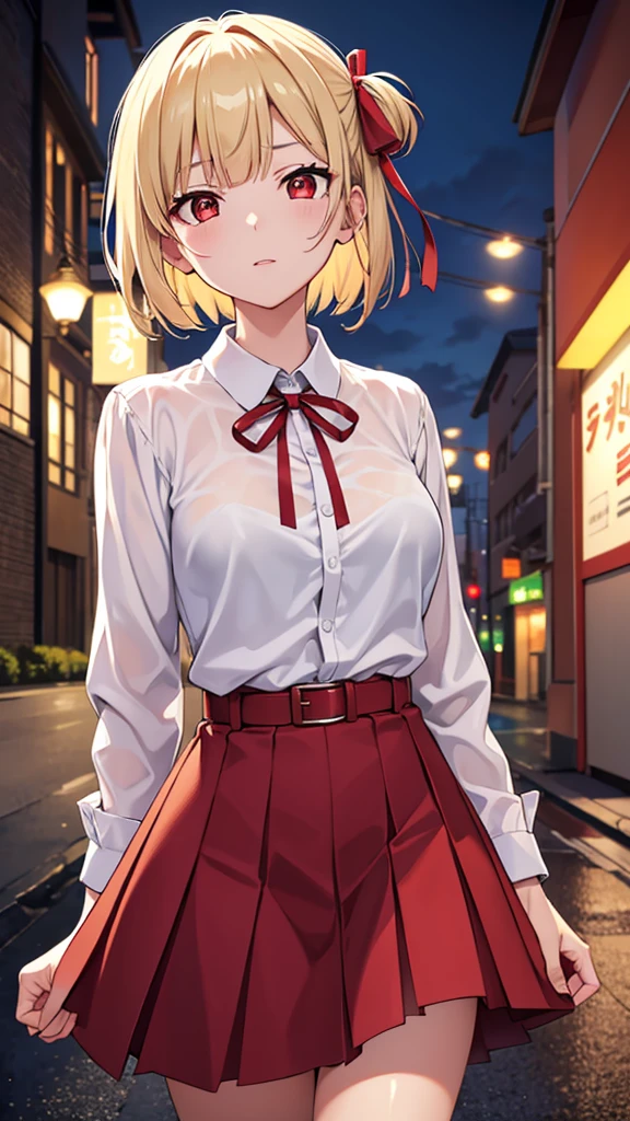 chisatonishikigi, nishikigi chisato, short hair, bangs, blonde hair, (red eyes:1.5), hair ribbon, one side up, bob cut,
BREAK shirt, long sleeves, dress, ribbon, white shirt, collared shirt, belt, neck ribbon, red dress, blue ribbon, pleated dress, grey dress, two-tone dress, red belt, lycoris uniform,stockings,
BREAK outdoors,BREAK looking at viewer, BREAK (masterpiece:1.2), best quality, high resolution, unity 8k wallpaper, (illustration:0.8), (beautiful detailed eyes:1.6), extremely detailed face, perfect lighting, extremely detailed CG, (perfect hands, perfect anatomy),city, night, wet road, reflections.