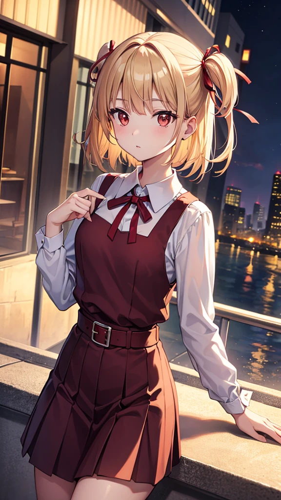 chisatonishikigi, nishikigi chisato, short hair, bangs, blonde hair, (red eyes:1.5), hair ribbon, one side up, bob cut,
BREAK shirt, long sleeves, dress, ribbon, white shirt, collared shirt, belt, neck ribbon, red dress, blue ribbon, pleated dress, grey dress, two-tone dress, red belt, lycoris uniform,stockings,
BREAK outdoors,BREAK looking at viewer, BREAK (masterpiece:1.2), best quality, high resolution, unity 8k wallpaper, (illustration:0.8), (beautiful detailed eyes:1.6), extremely detailed face, perfect lighting, extremely detailed CG, (perfect hands, perfect anatomy),city, night, wet road, reflections.