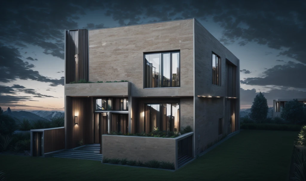 photorealistic, modern house,facade,modern,512k,high detailed, photoreal, award winning, large glass window on the right side, grass, plants, trees, evening, interior lights,(( travertine stone façade))
award winning, extremely detailed,