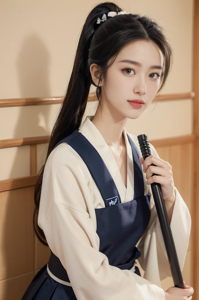 (((best quality))),(((ultra detailed))),(((masterpiece))),illustration,1girl,solo,tonogui,short ponytail,slim,thin,small breasts,flat chest,white collar,white kendogi,three-quarter sleeves,maxi navy-blue kendo hakama,standing in kendo gym,(holding a bokuto in hand:1.3),arms behind back,focused and determined expression,ready for challenge,slender and elegant face,confident and resilient,fair skin,blush,neat teeth,bright smile,clean and tidy uniform,wooden gym floor,wall,pine scent,standard grip,ready to slice through obstacles,strong belief,determination,spirit of resilience,admiring,from front,upper body,