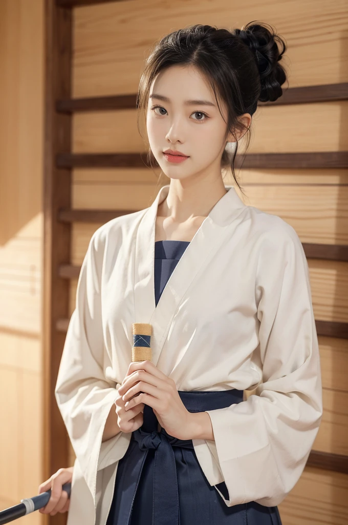 (((best quality))),(((ultra detailed))),(((masterpiece))),illustration,1girl,solo,tonogui,short ponytail,slim,thin,small breasts,flat chest,white collar,white kendogi,three-quarter sleeves,maxi navy-blue kendo hakama,standing in kendo gym,(holding a bokuto in hand:1.3),arms behind back,focused and determined expression,ready for challenge,slender and elegant face,confident and resilient,fair skin,blush,neat teeth,bright smile,clean and tidy uniform,wooden gym floor,wall,pine scent,standard grip,ready to slice through obstacles,strong belief,determination,spirit of resilience,admiring,from front,upper body,